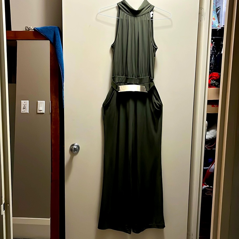 Olive green halter top retro style jumpsuit.